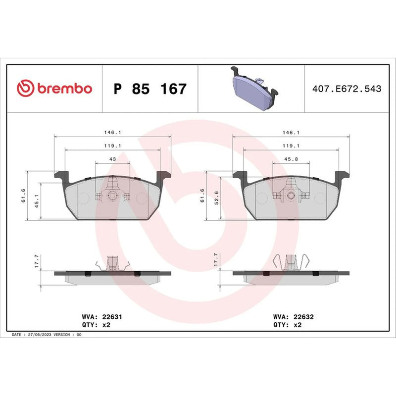 Brembo 4 x Front Brake Pad Set P85167