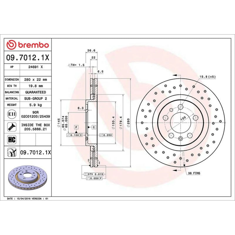 Brembo Xtra 2 x Perforated/Vented Front Brake Discs 09.7012.1X
