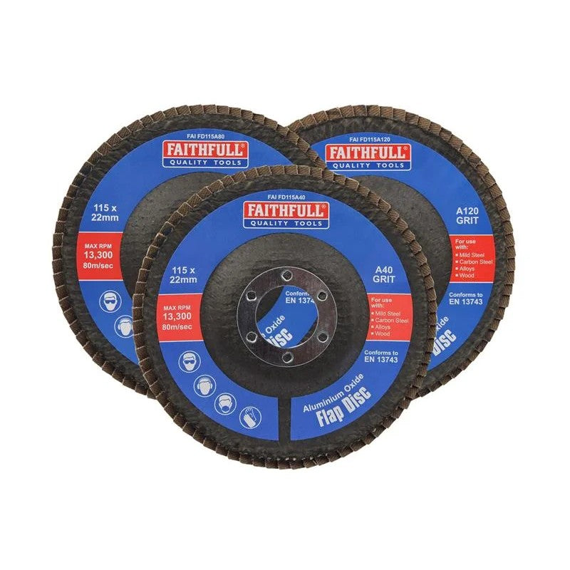 Faithfull Aluminium Oxide Flap Disc 115 x 22mm Mixed Grit (3 Pack) - FAIFD115AM3
