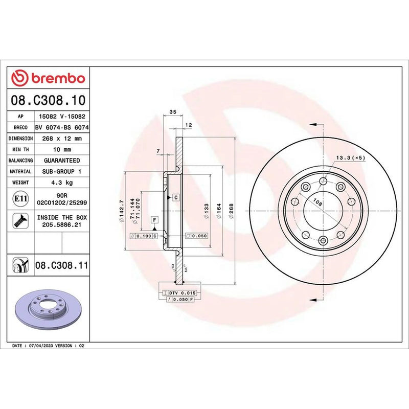 Brembo 2 x Solid Rear Brake Discs 08.C308.11