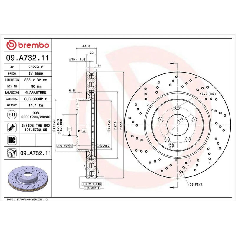 Brembo 2 x Perforated/Vented Front Brake Discs 09.A732.11