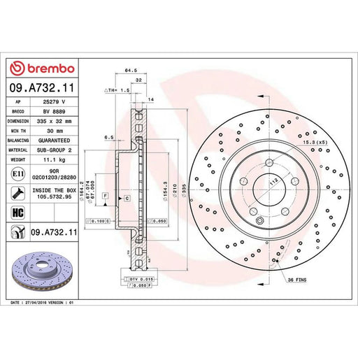Brembo 2 x Perforated/Vented Front Brake Discs 09.A732.11