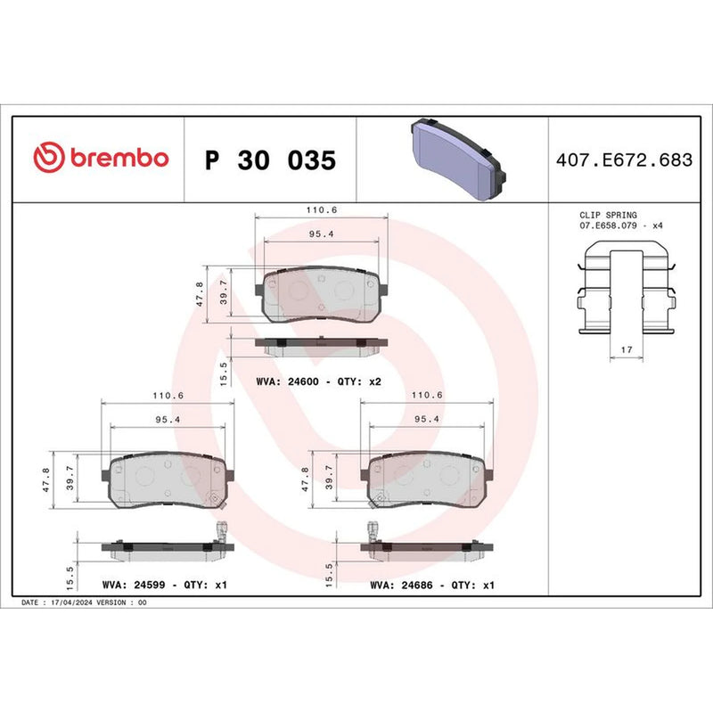 Brembo 4 x Rear Brake Pad Set P30035