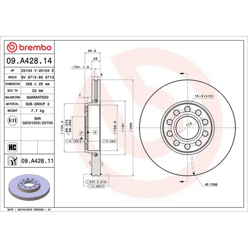 Brembo 2 x Front Brake Discs 09.A428.11
