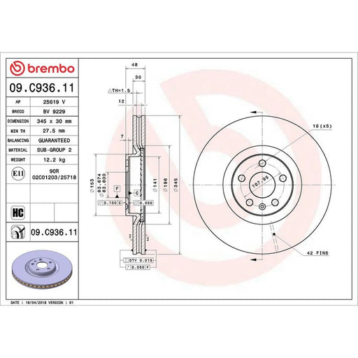 Brembo 2 x Internally Vented Front Brake Discs 09.C936.11