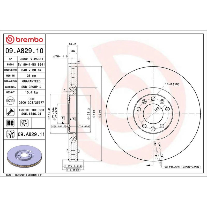 Brembo 2 x Internally Vented Front Brake Discs 09.A829.11
