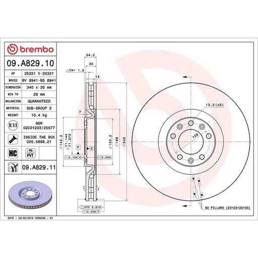 Brembo 2 x Internally Vented Front Brake Discs 09.A829.11