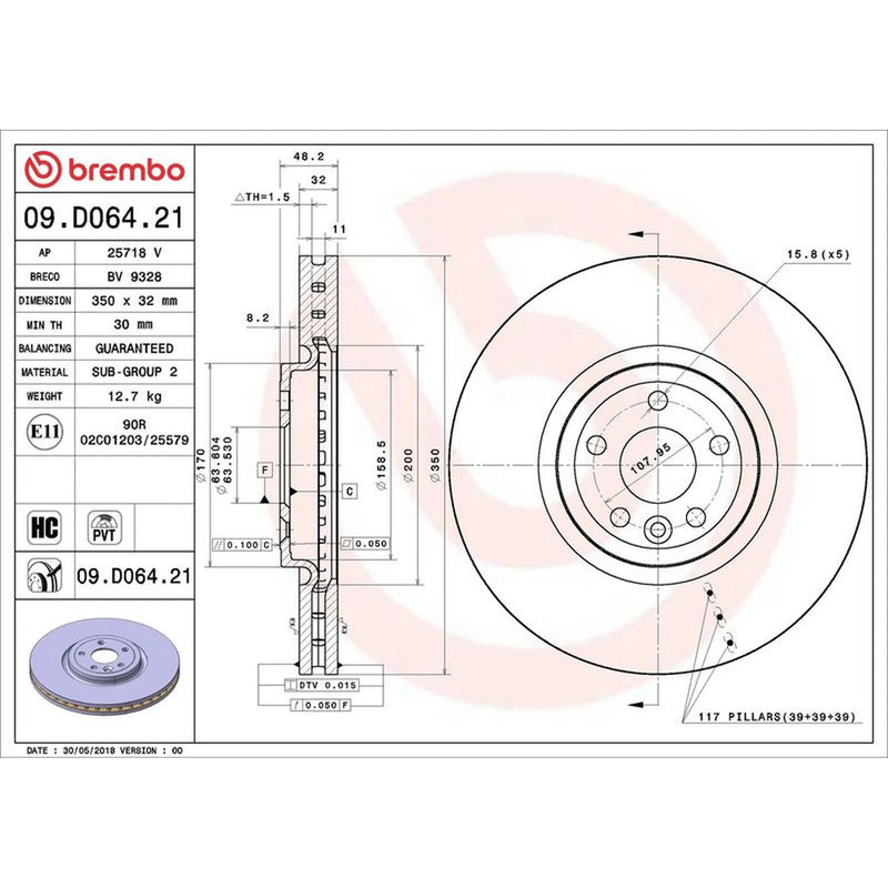 Brembo 2 x Internally Vented Front Brake Discs 09.D064.21