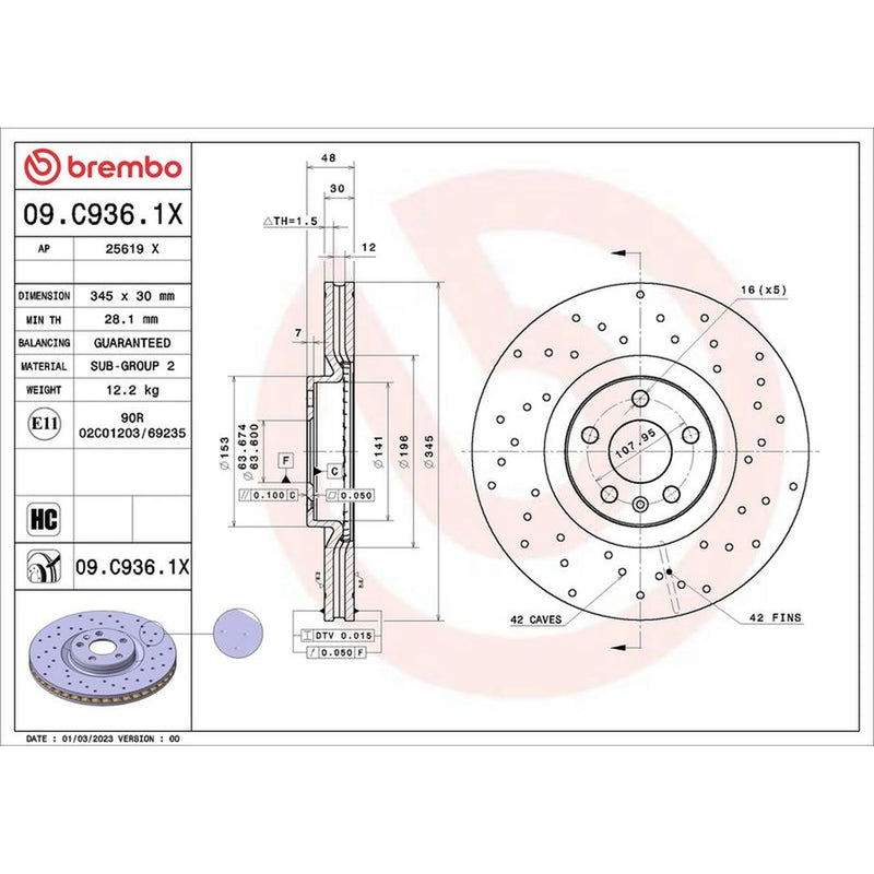Brembo Xtra 2 x Perforated/Vented Front Brake Discs 09.C936.1X