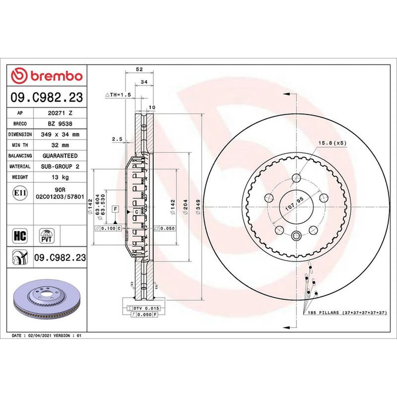 Brembo 2 x Steel Front Brake Disc Hub Brake Discs 09.C982.23