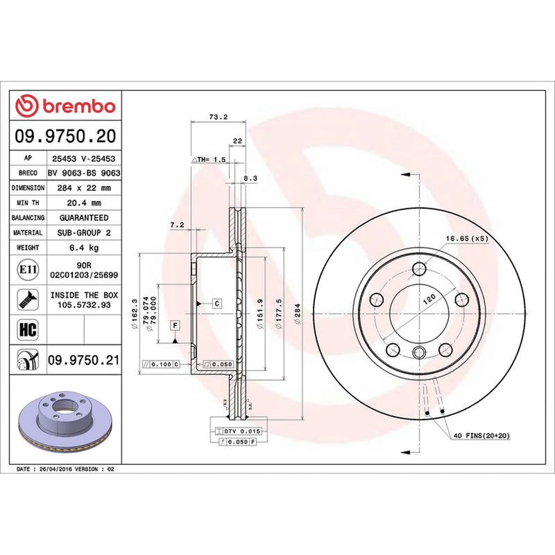 Brembo 2 x Internally Vented Front Brake Discs 09.9750.21