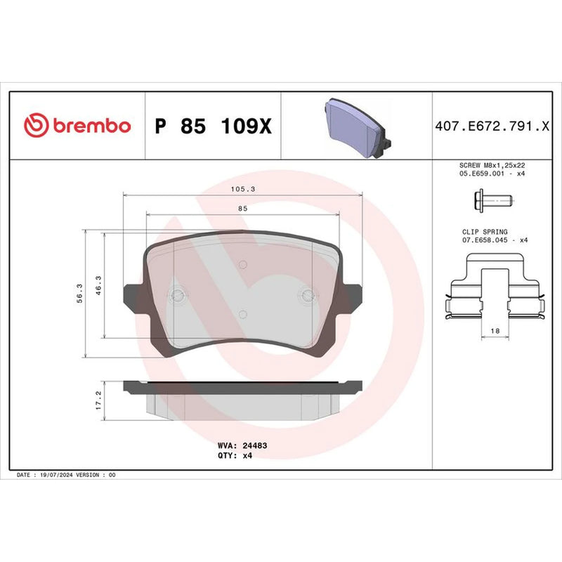 Brembo 4 x Rear Brake Pad Set P85109X