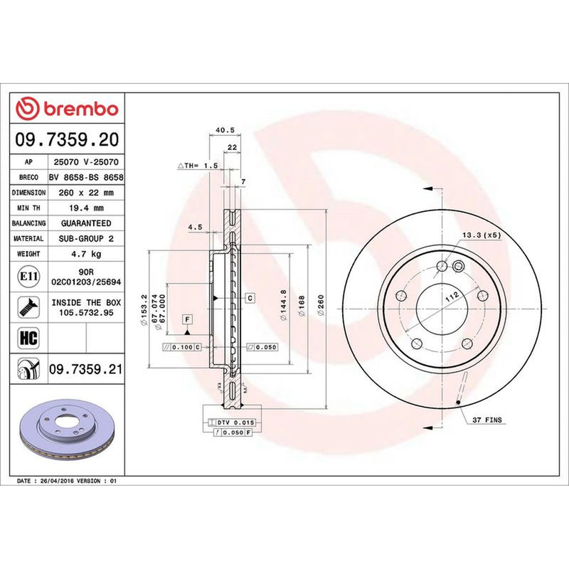 Brembo 2 x Internally Vented Front Brake Discs 09.7359.21