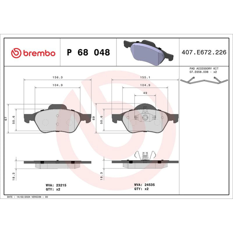 Brembo 4 x Front Brake Pad Set P68048