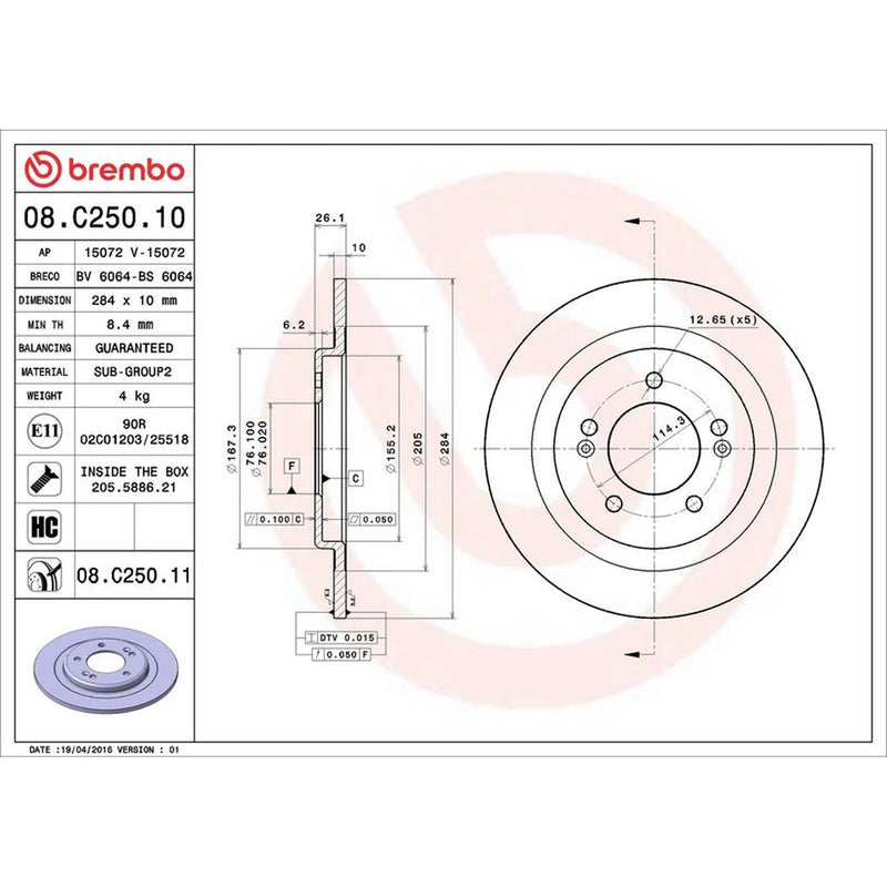 Brembo 2 x Solid Rear Brake Discs 08.C250.11