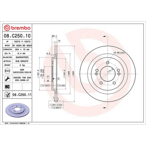 Brembo 2 x Solid Rear Brake Discs 08.C250.11