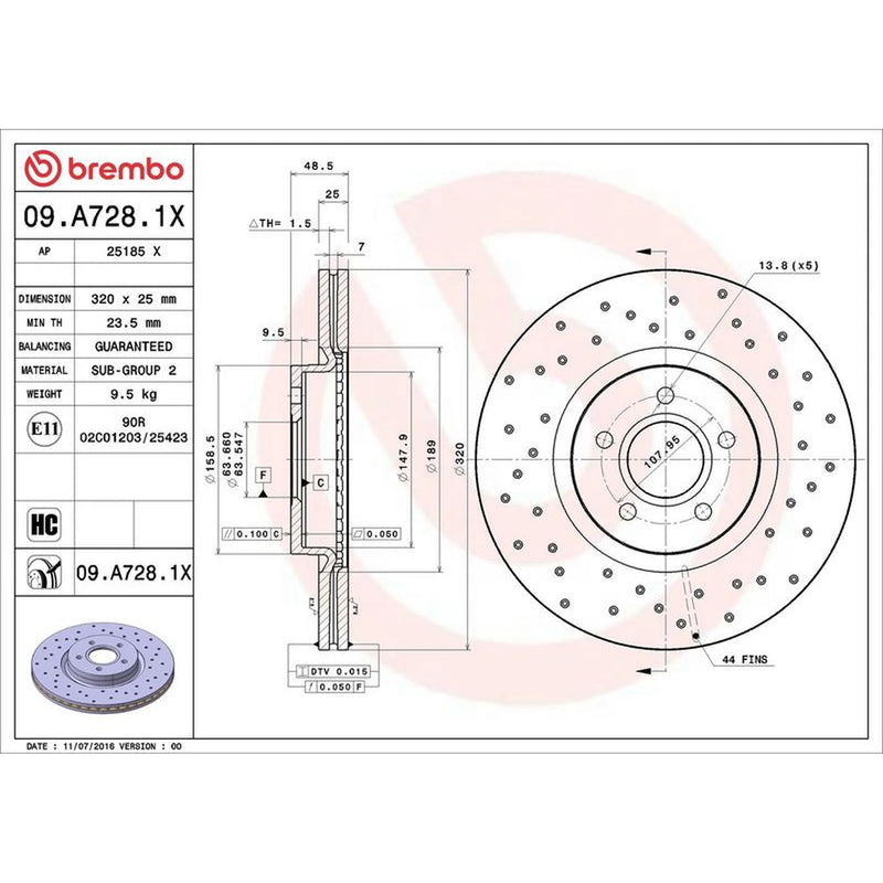 Brembo Xtra 2 x Perforated/Vented Front Brake Discs 09.A728.1X