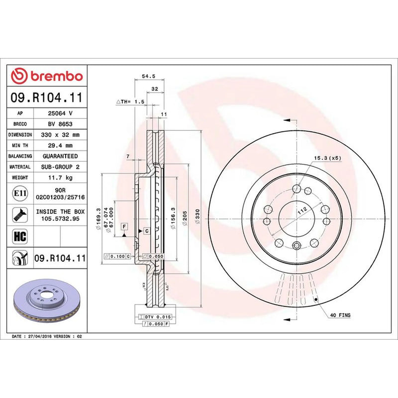 Brembo 2 x Internally Vented Front Brake Discs 09.R104.11