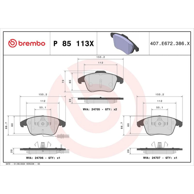 Brembo 4 x Front Brake Pad Set P85113X