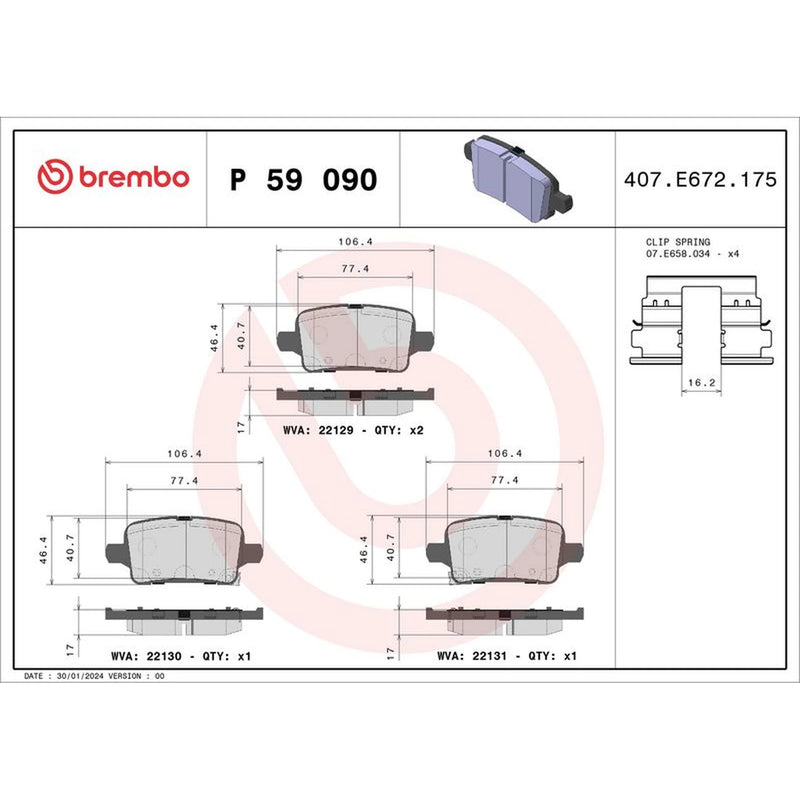 Brembo 4 x Rear Brake Pad Set P59090