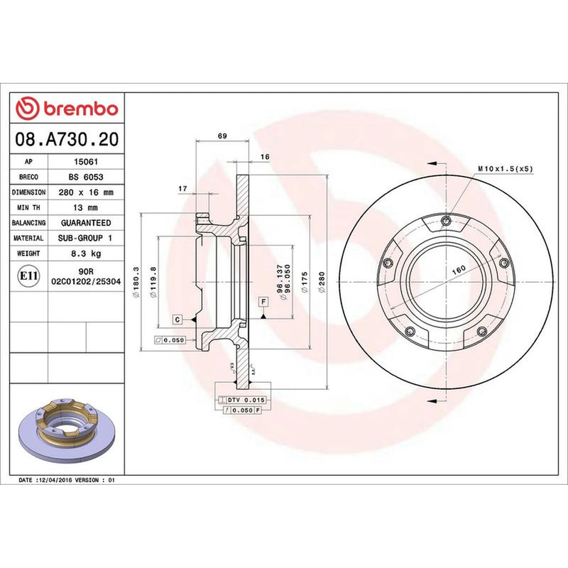 Brembo 2 x Solid Rear Brake Discs 08.A730.20