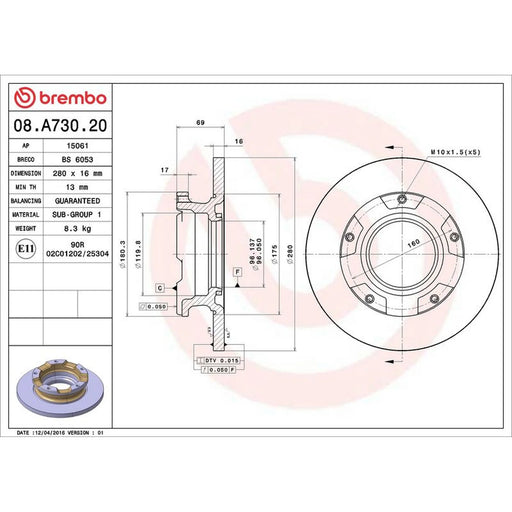Brembo 2 x Solid Rear Brake Discs 08.A730.20