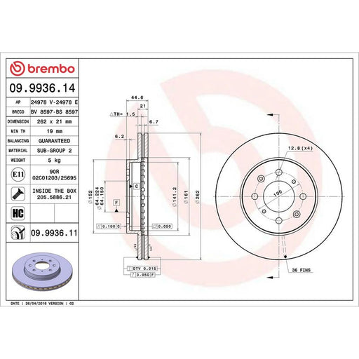 Brembo 2 x Internally Vented Front Brake Discs 09.9936.11