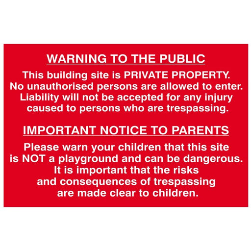 Scan Building Site Warning to Public & Parents - PVC Sign 600 x 400mm - 4251