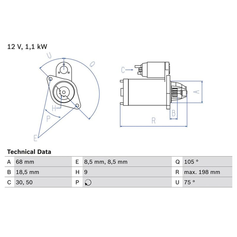 Bosch Starter Motor 12V 1.1kW 9 Teeth 0 986 019 870