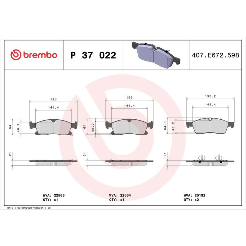 Brembo 4 x Front Brake Pad Set P37022