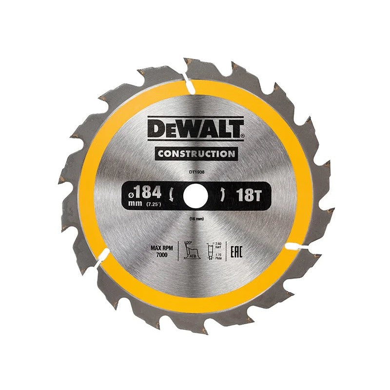 DEWALT Power Tools Portable Construction Circular Saw Blade 184 x 18T 16-30mm