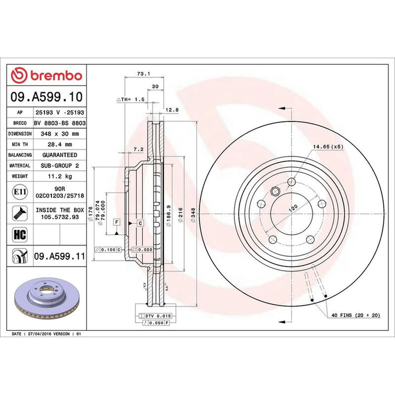 Brembo 2 x Internally Vented Front Brake Discs 09.A599.11