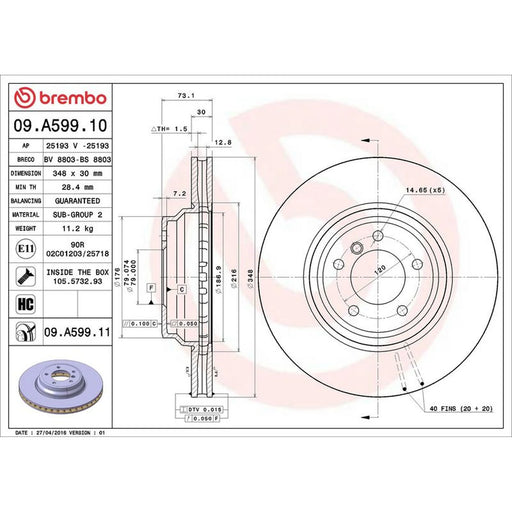Brembo 2 x Internally Vented Front Brake Discs 09.A599.11