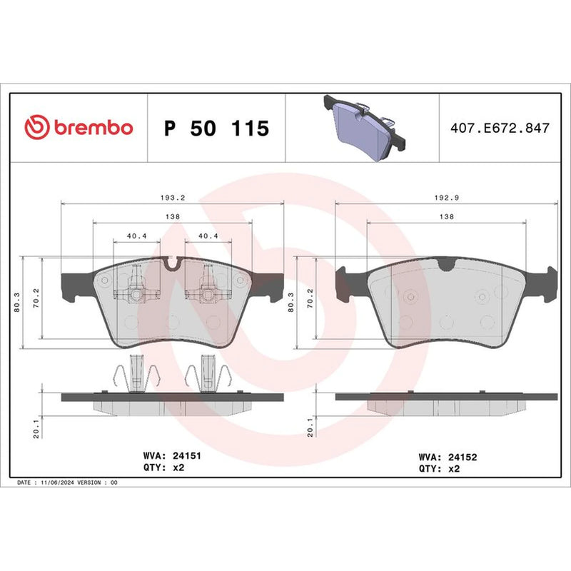 Brembo 4 x Front Brake Pad Set P50115