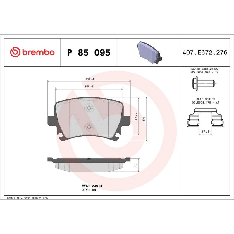 Brembo 4 x Rear Brake Pad Set P85095X