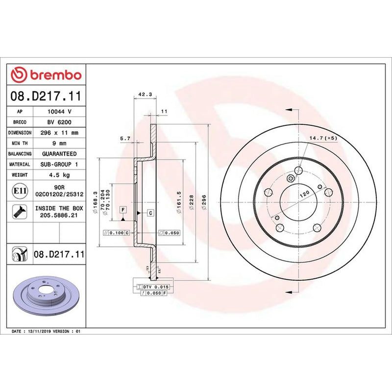 Brembo 2 x Solid Rear Brake Discs 08.D217.11