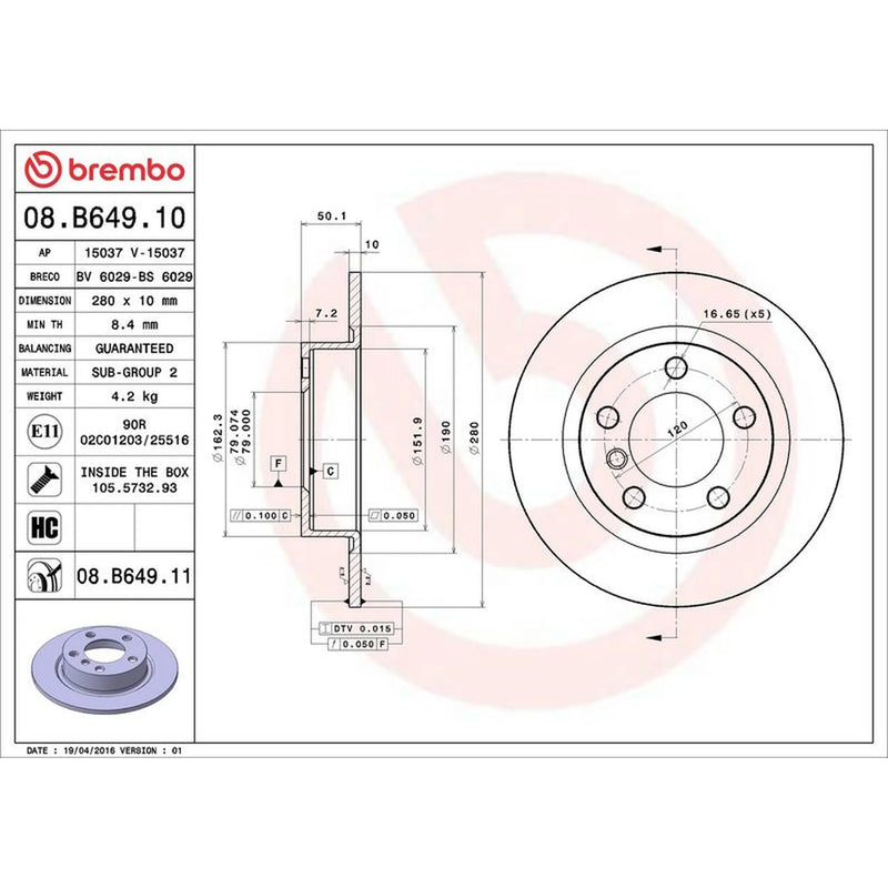 Brembo 2 x Solid Rear Brake Discs 08.B649.11