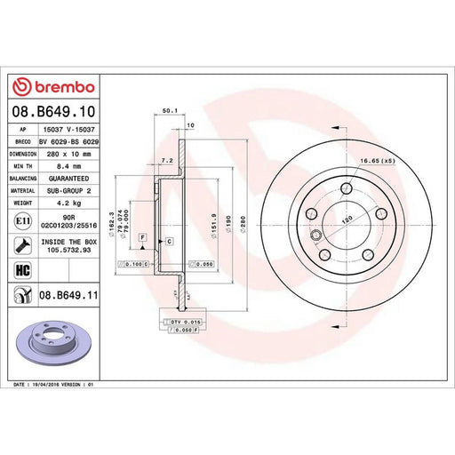 Brembo 2 x Solid Rear Brake Discs 08.B649.11