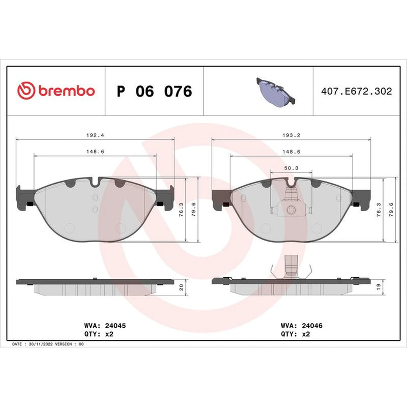 Brembo 4 x Front Brake Pad Set P06076