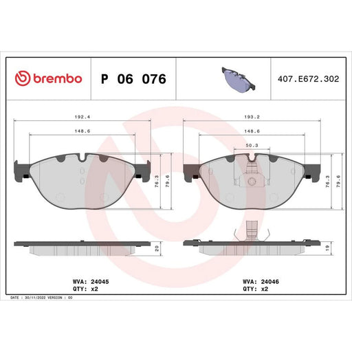 Brembo 4 x Front Brake Pad Set P06076