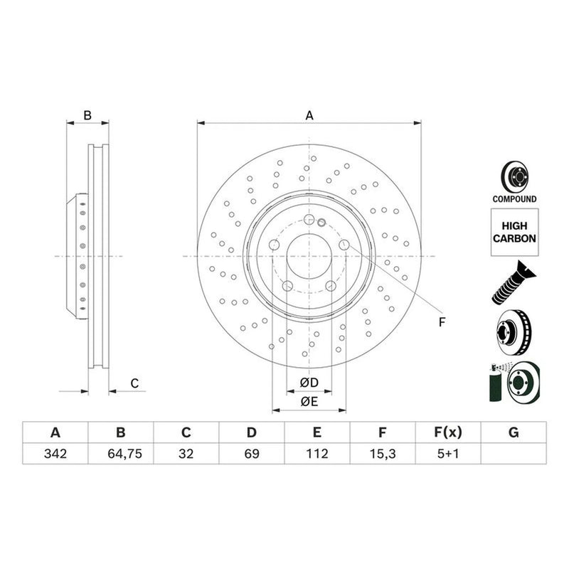 Bosch 2 x Perforated/Vented Front Brake Discs 0 986 479 G35