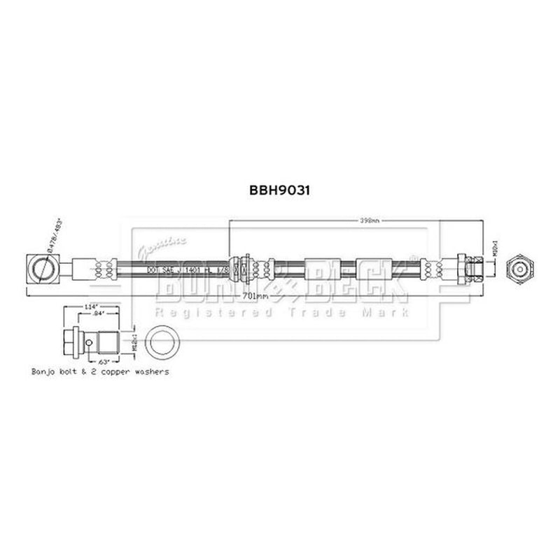 Borg & Beck Brake Hydraulic Hose Line Front Left BBH9031