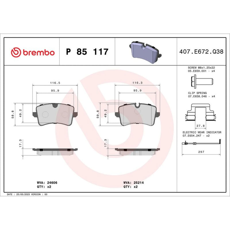 Brembo 4 x Rear Brake Pad Set P85117