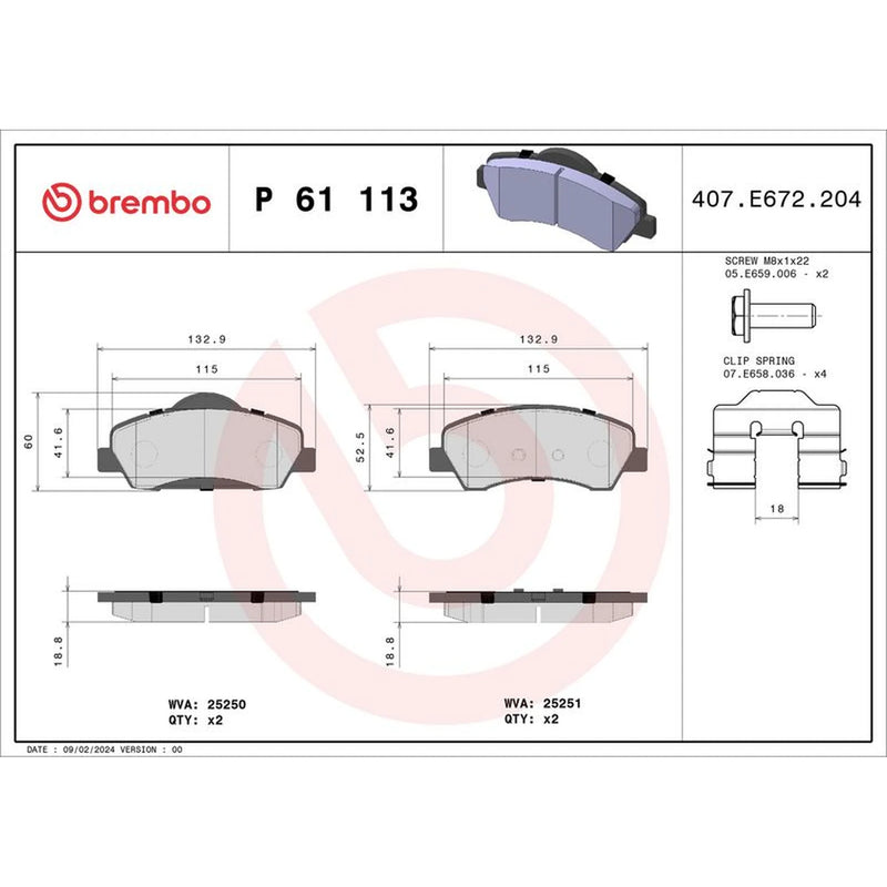 Brembo 4 x Front Brake Pad Set P61113