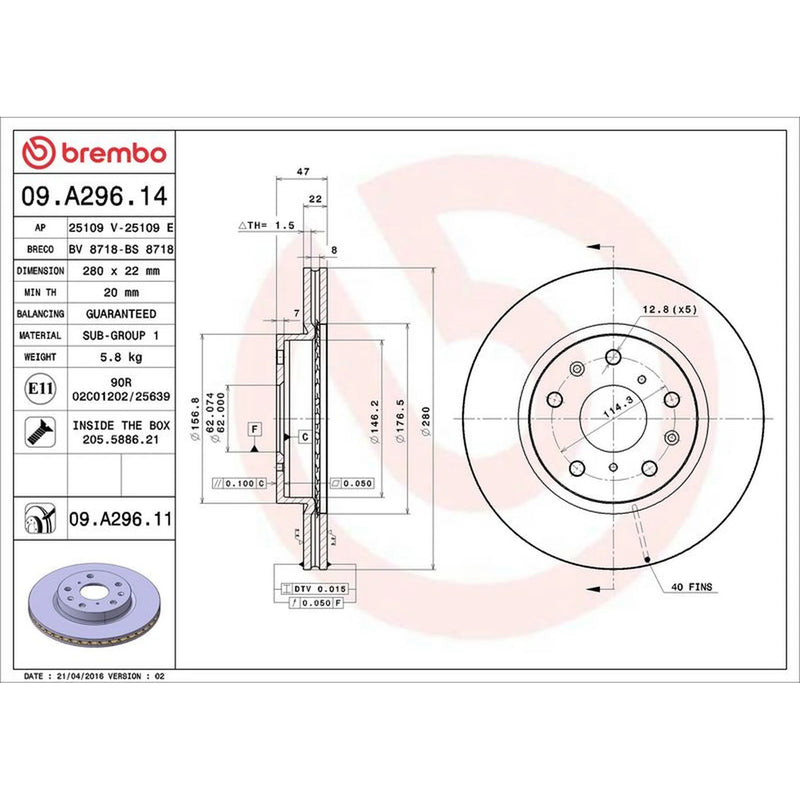 Brembo 2 x Internally Vented Front Brake Discs 09.A296.11
