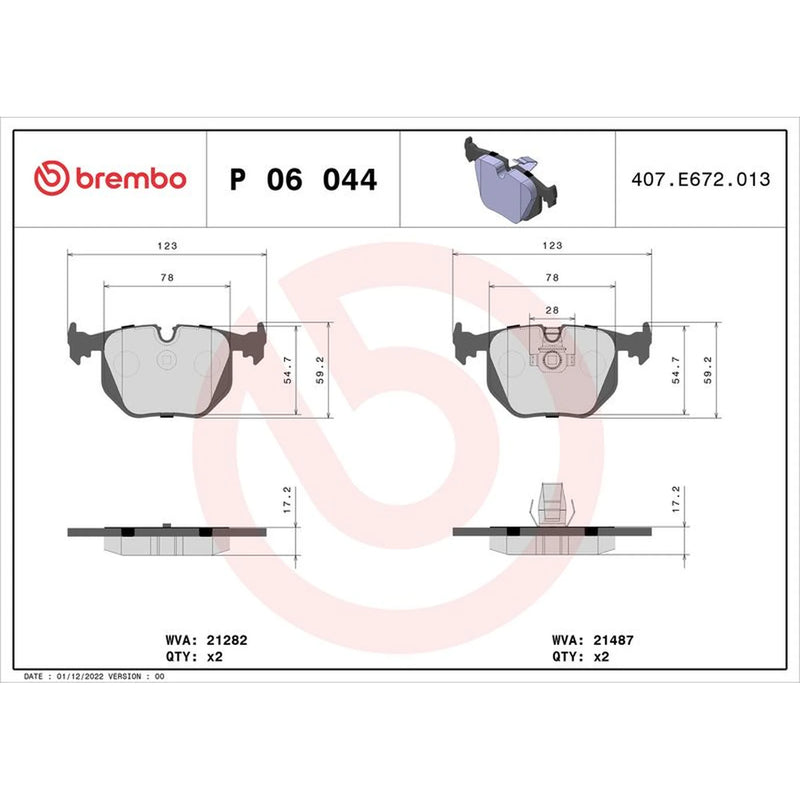 Brembo 4 x Rear Brake Pad Set P06044