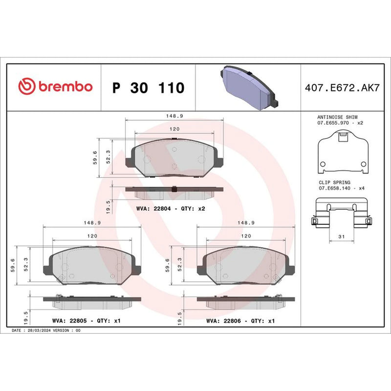 Brembo 4 x Front Brake Pad Set P30110