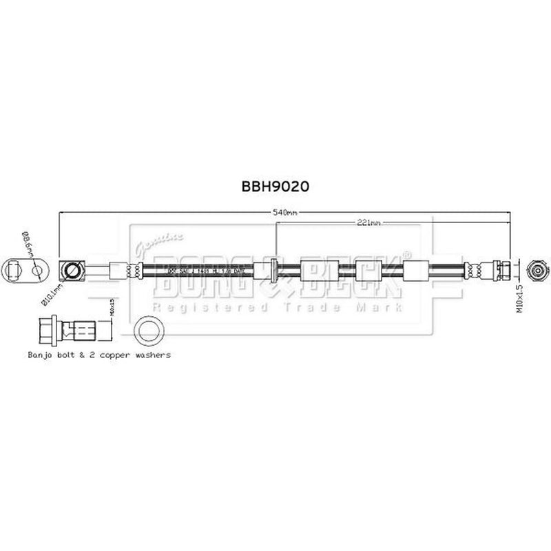 Borg & Beck Brake Hydraulic Hose Line Front Left BBH9020