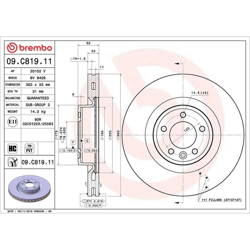 Brembo 2 x Front Brake Discs 09.C819.11