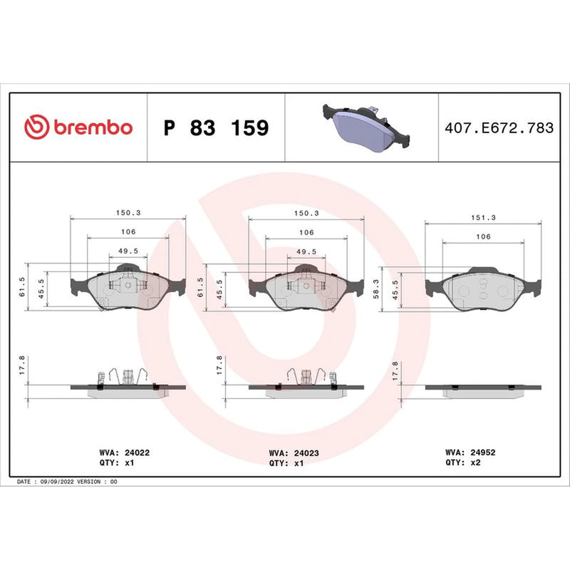 Brembo 4 x Front Brake Pad Set P83159